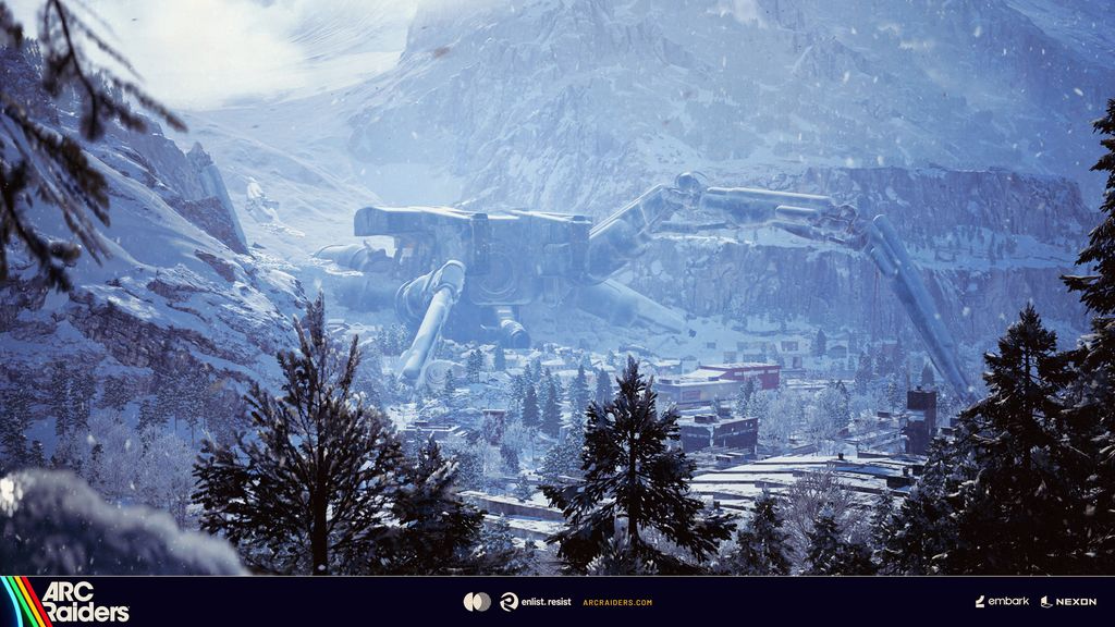 Snow-covered map with conifers and industrial ruins