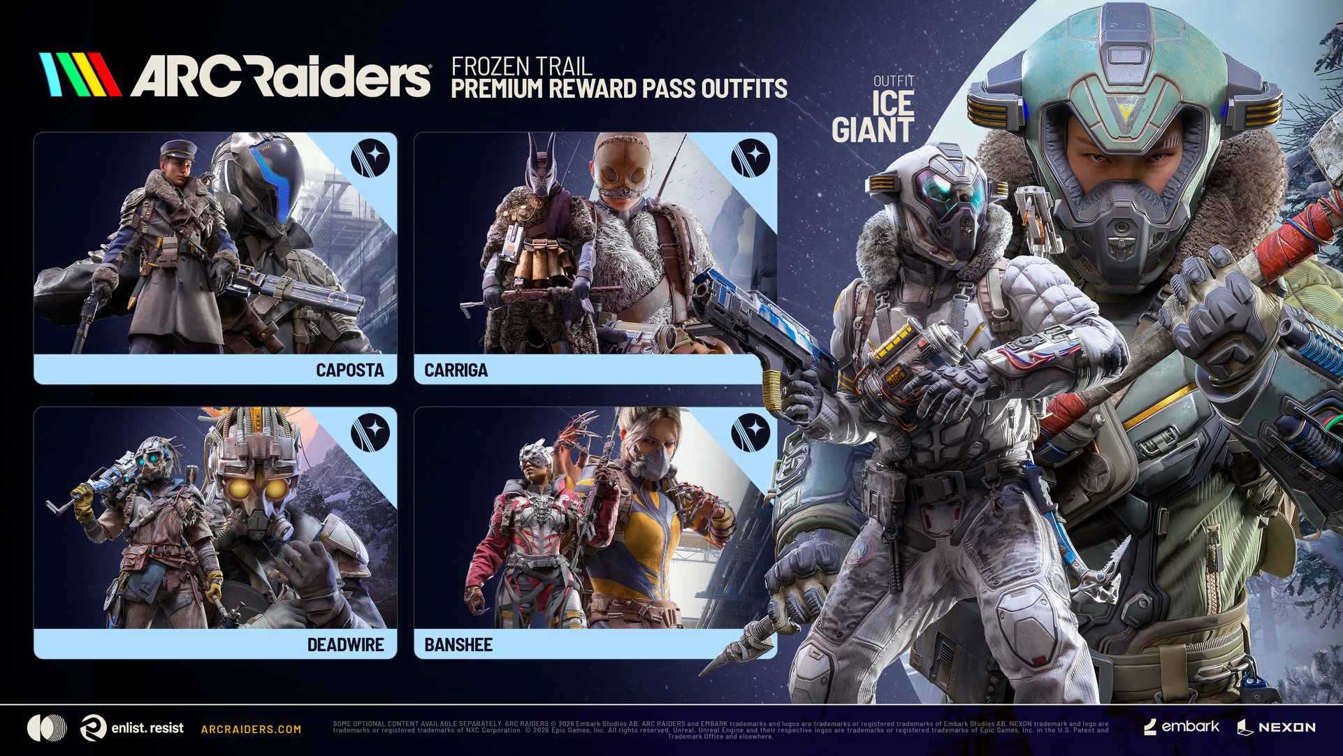Frozen Trail premium pass outfits laid out side by side