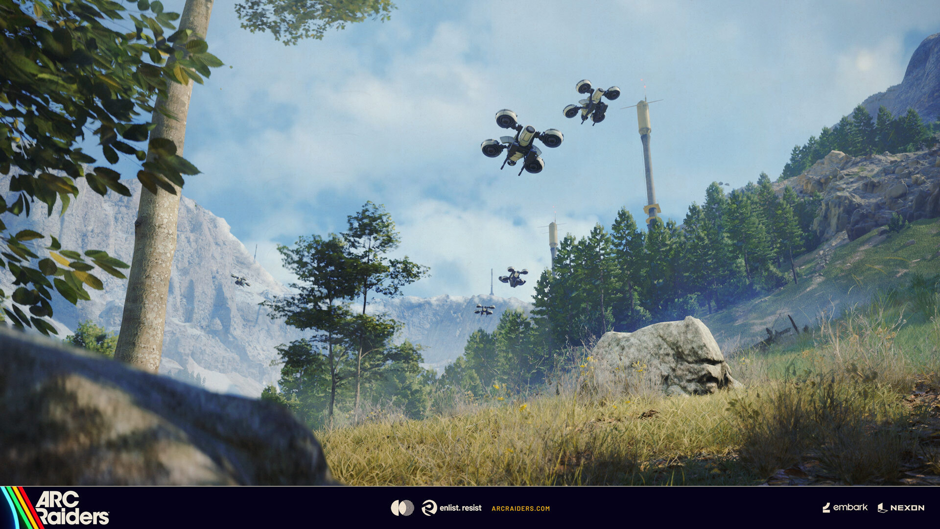 Sunlit pine ridge with ARC drones inbound