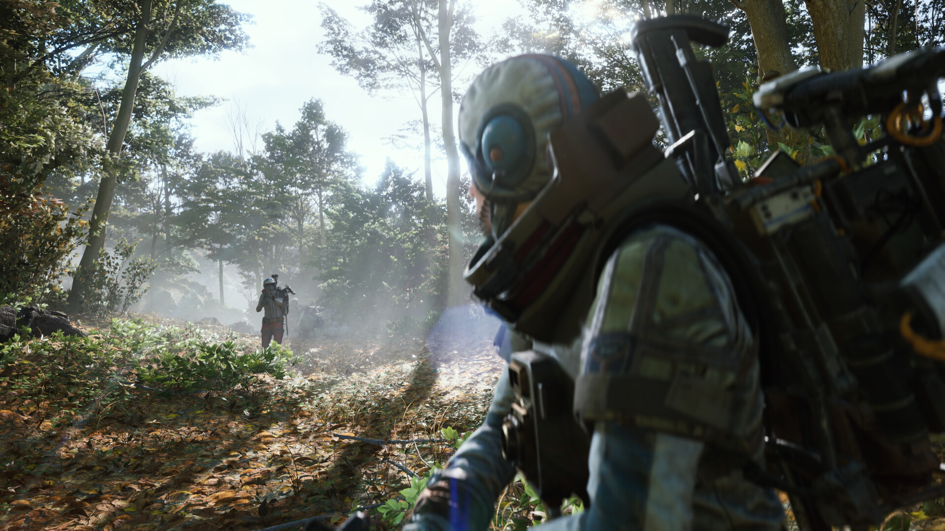 Round-helmeted raider standing in a sunlit forest